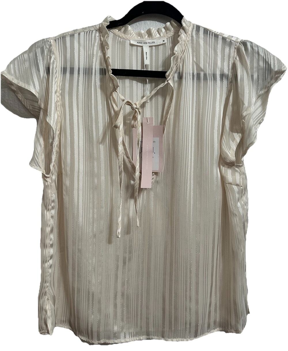 Avec Les Filles Women’s Cream Ivory Short Sleeve Top Front Tie Sheer Medium $68